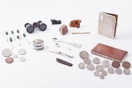 Mixed lot comprising coins, French opera glasses, carvings, silver napkin ring, silver plated
