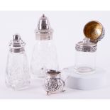 A silver plated and glass sugar caster, another silver and glass caster, a Victorian miniature