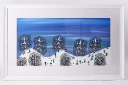 Gordon Barker, 'Snowy Day', signed oil, 38cm x 74cm, framed and glazed.