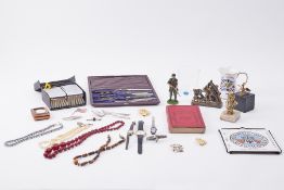 A cased drawing instrument set together with various collectables including military items, figures,