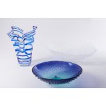 Blue and clear handkerchief style glass vase, height 28cm together with two large art glass dishes