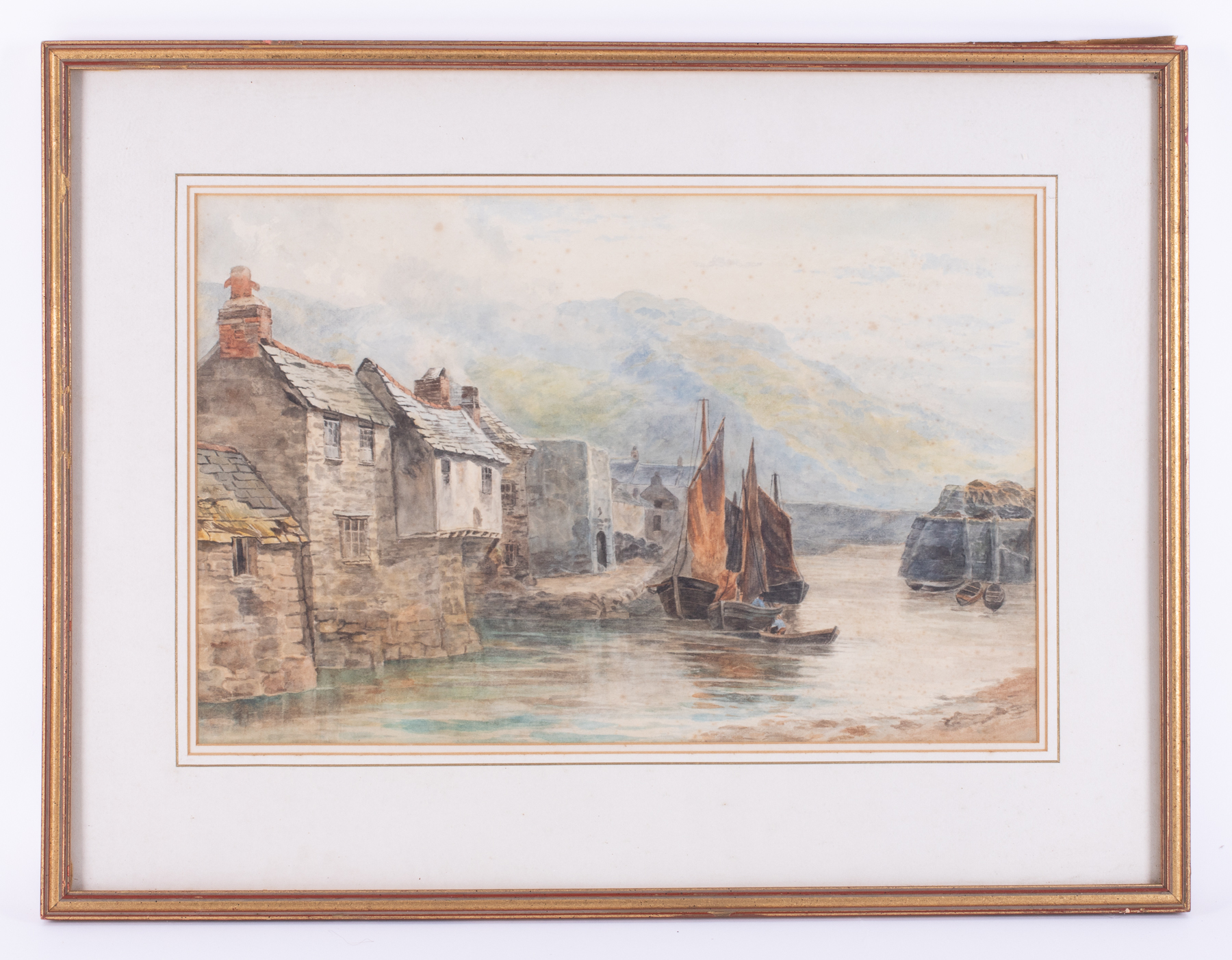 An English School watercolour, not signed, sailboats by harbour, (foxed), 31cm x 49cm, framed and