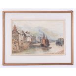 An English School watercolour, not signed, sailboats by harbour, (foxed), 31cm x 49cm, framed and