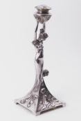 WMF, an Art Deco style German silver plated Maiden centre piece stand, height 36cm (lacks glass).