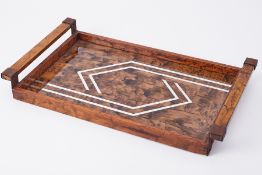 Art Deco style tray with faux walnut finish, 49cm x 29cm.