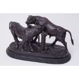 After Pierre-Jules Mêne: a bronze group of cow and bull, 20th Century, meeting at a fence, on