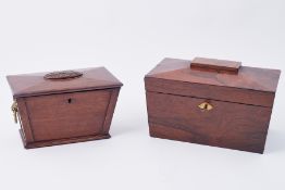 Victorian rosewood tea caddy together with a 19th century mahogany jewellery box fitted with a
