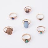 A mixed lot to include six 9ct yellow gold rings some gem-set, some faux stone set, total weight