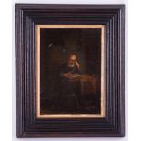 Antique oil painting depicting a seated elderly gentleman reading a book, no obvious signature,