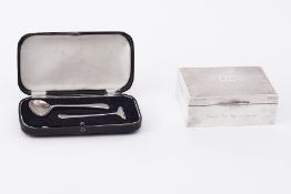 A silver keepsake box with an engineered lid, engraved with initials 'RJB' on the lid & 'Twenty-