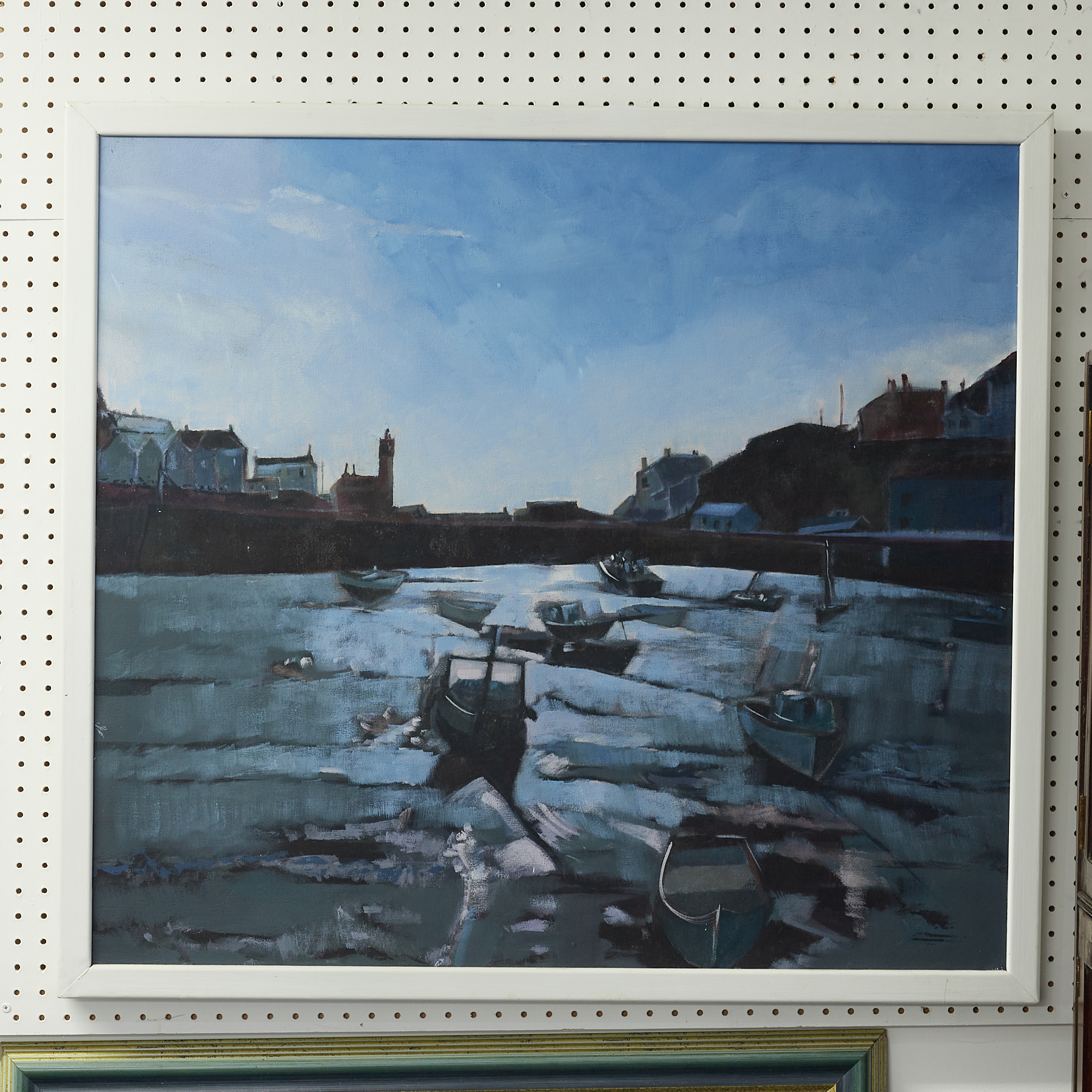 20th century oil on board Cornish fishing harbour, unsinged, framed, overall size 92cm x 98cm.