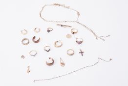 A mixed lot to include a quantity of 9ct gold jewellery including rings (some gem set), broken
