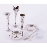 Two silver ashtrays, fork, three silver vases, the tallest 20cm etc (7).