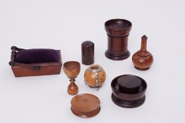 A Victorian rosewood miniature swing handle needle box, other wood ware, boxes etc (8).