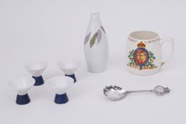 Four Noritake porcelain Saki cups and also sake bottle, coronation mug and spoon together with a