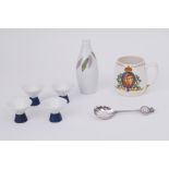 Four Noritake porcelain Saki cups and also sake bottle, coronation mug and spoon together with a