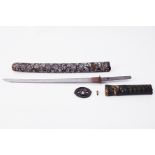 Japanese short sword Wakizashi with enamelled style scabbard, pierced iron tsuba, length 54cm (