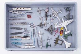 A collection of Dinky military diecast and commercial planes and ships, including Dinky 534 Queen