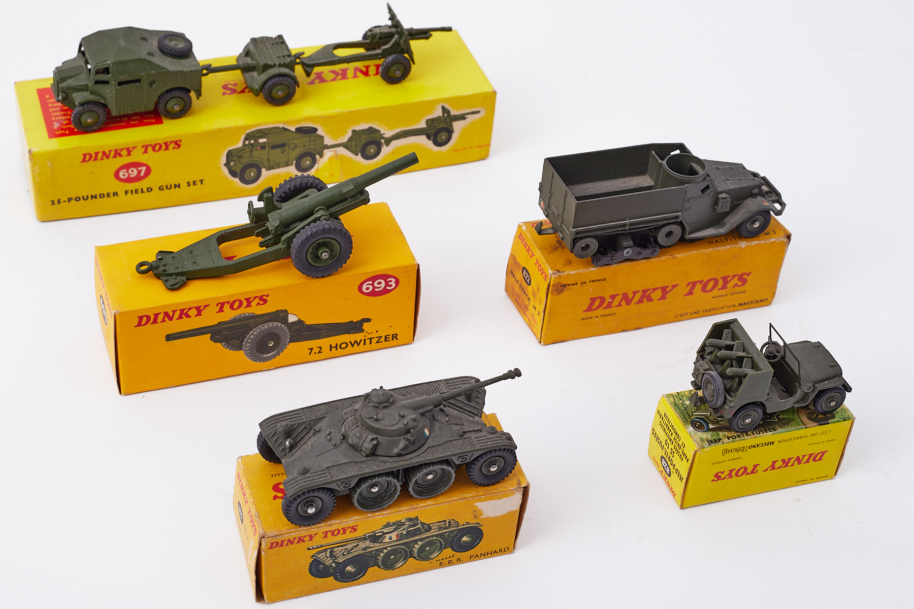 Collection of five Dinky military vehicles, including 815 EBR Panhard tank, 693 7.2 Howitzer, 829