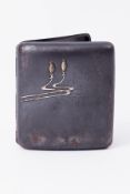French? Metal cigarette case with applied silver and gem stone decoration, marked 'MTX'.