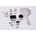 Six piece silver condiment set and three spoons, approx 8.40oz together with a silver mirror back (