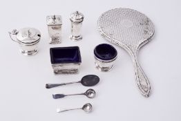 Six piece silver condiment set and three spoons, approx 8.40oz together with a silver mirror back (