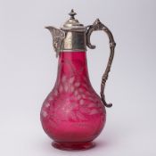 A silver plated claret jug with etched cranberry glass, late Victorian, height 29cm.