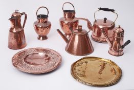 A collection of various Victorian and later copperware, including teapots, coffee pots etc also an