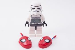 Novelty Star Wars clock toy and Spider Man toys.