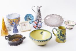 A mixed collection of art pottery and metal wares, (13).