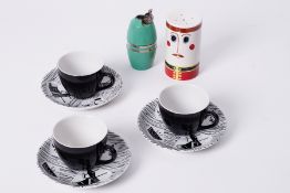 Three Homemaker miniature cups and saucers together with a Carlton Ware sugar caster and Propel