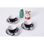 Three Homemaker miniature cups and saucers together with a Carlton Ware sugar caster and Propel