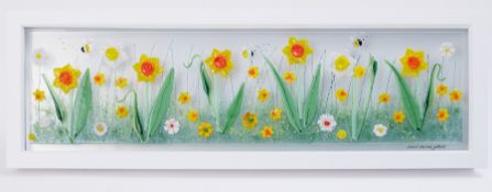 Lou from Lou C fused glass, 'Daffodils', signed, 14cm x 54cm, framed. Louise is a Plymouth based