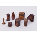 A collection of Fern Ware, various circular treen boxes (7) plus small bell.
