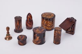 A collection of Fern Ware, various circular treen boxes (7) plus small bell.