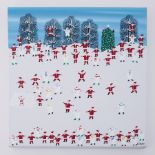 Gordon Barker, oil on canvas 'Santa's & Snowmen', signed, 50cm x 50cm, unframed.