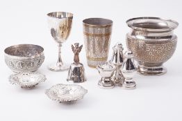 Mixed lot of foreign metal wares, three piece condiment set on stand, pair of silver and pierced