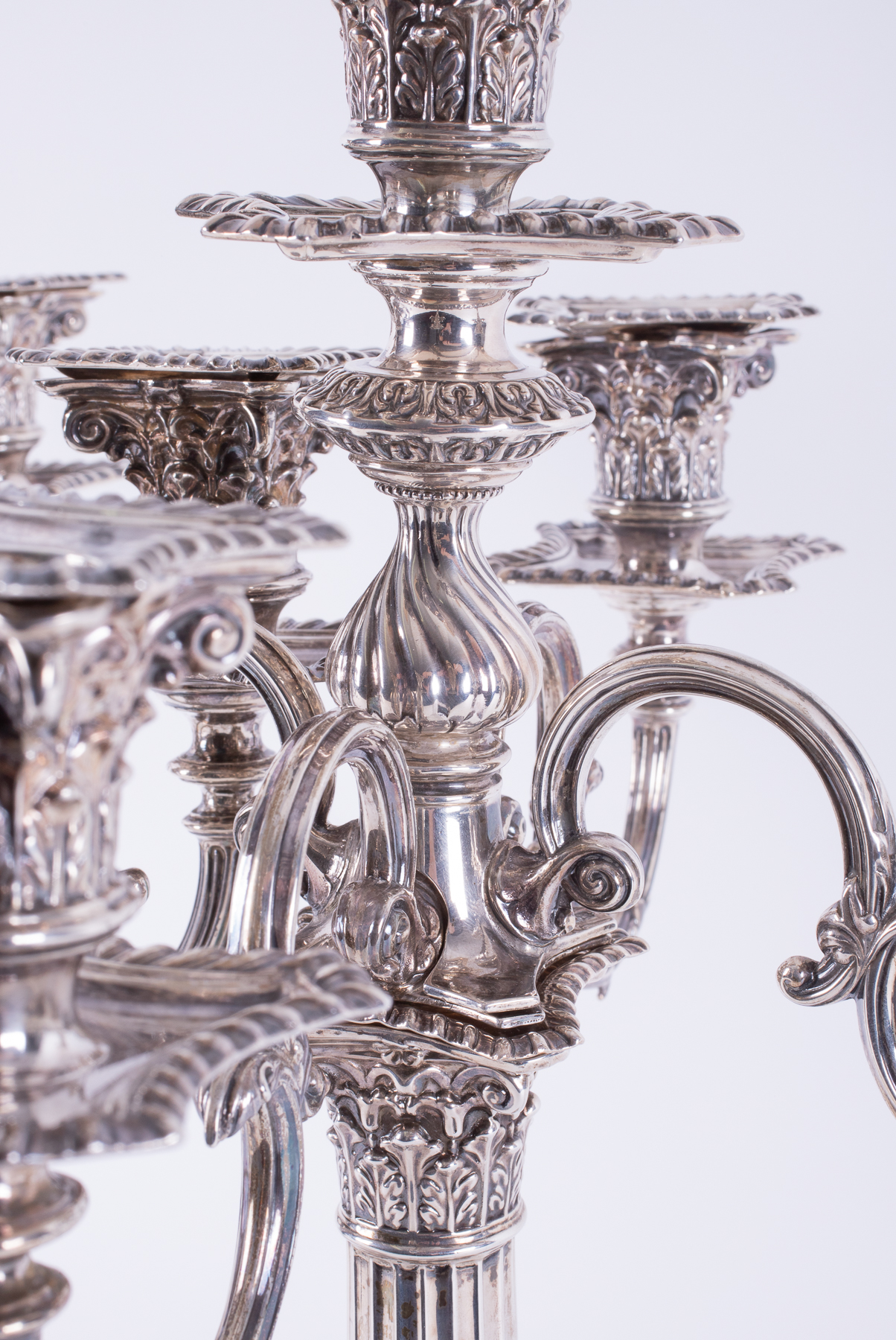 A matched pair of late Victorian silver Corinthian column four branch, five light candelabra, one - Image 2 of 4