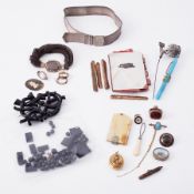 An interesting mixed lot of antique items to include loose jet? beads and a large jet? Brooch,