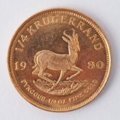 A quarter ounce Krugerrand gold coin 1980.
