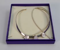Silver choker necklace set with mother of pearl stones: and another silver choker, 56g. (2)