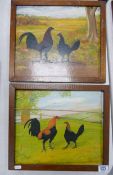 Two Framed Oil On Board Reproduction Primitive Pictures of Poultry: frame size 33 x 38cm(2)