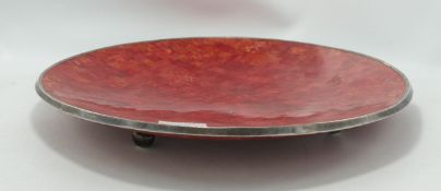 Silver Rimmed Large Marquetry Pattern Continental Mid Century Shallow Bowl: diameter 35cm
