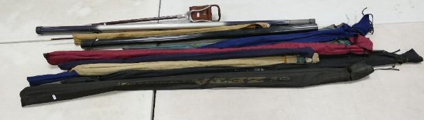 A collection of Vintage Fishing Rods, Poles & Shooting Stick including: Edgar Sealey, 11m