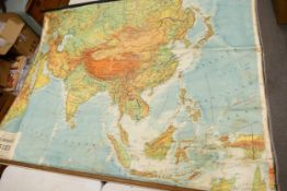 Very Large Wall Hanging Early Continental Roll Map of Asia in 20th Century: 152 x 202cm ( rips
