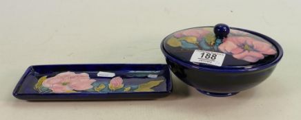 Moorcroft Pink Magnolia on Blue Ground Powder Bowl Together with similar tray, diameter of bowl