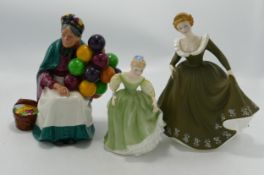 Royal Doulton Seconds Figures: The Old Balloon Seller HN1315,Geraldine HN2348 & Fair Maiden(3)