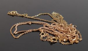 Three 9ct gold neck chains: Variously measuring 46cm, 56cm, & 60cm long. Gross weight 6.9g.