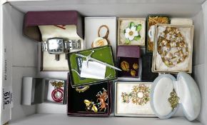 A collection of ladies costume jewellery: including brooches, Timex quartz watch, Pottery brooches