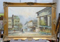 Large oil painting on canvas A French street scene by Burnett: Measures 60cm x 90cm excluding gilt